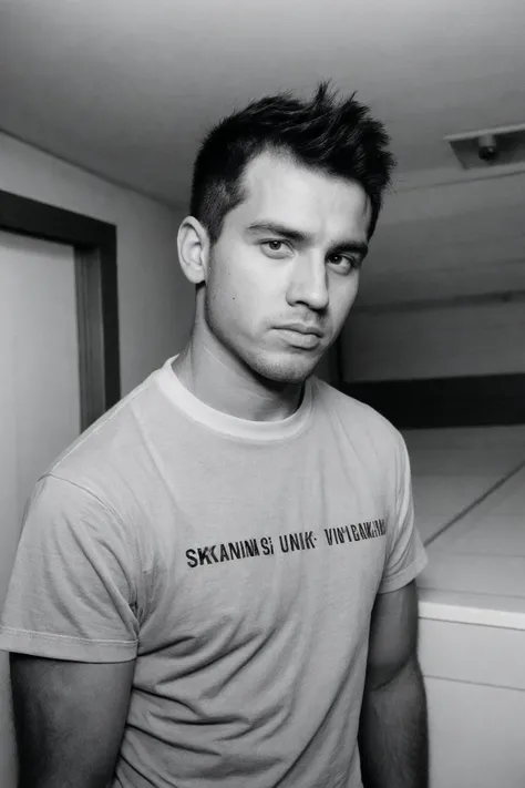 monochromatic, handsome juicy twunk, skater punk, very short undercut hair, pink t-shirt, (35mm black and white movie still), looking at viewer, skin imperfections, arrogant gaze, (GS-Boyish:0.2)