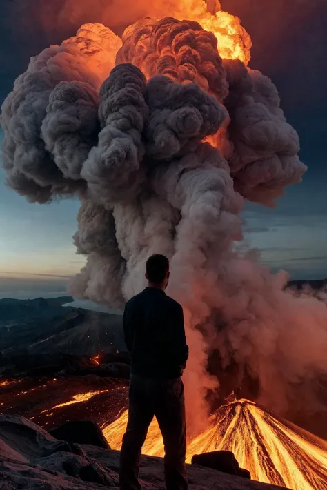 breathtaking candid photograph of a handsome man standing on top of an erupting volcano, national geographic, award winning, from behind, highly detailed, dramatic fiery lighting