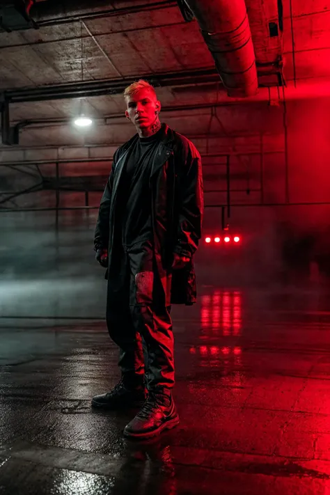 RAW photo, handsome man in dark clothes, techwear, short hair, blonde, tattoos, piercings, muscled, (parking, industrial, wet floor, red lights, volumetric, fog),