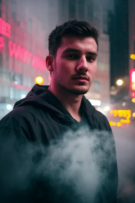 city street, neon, fog, volumetric, closeup portrait photo of youngish man in dark clothes