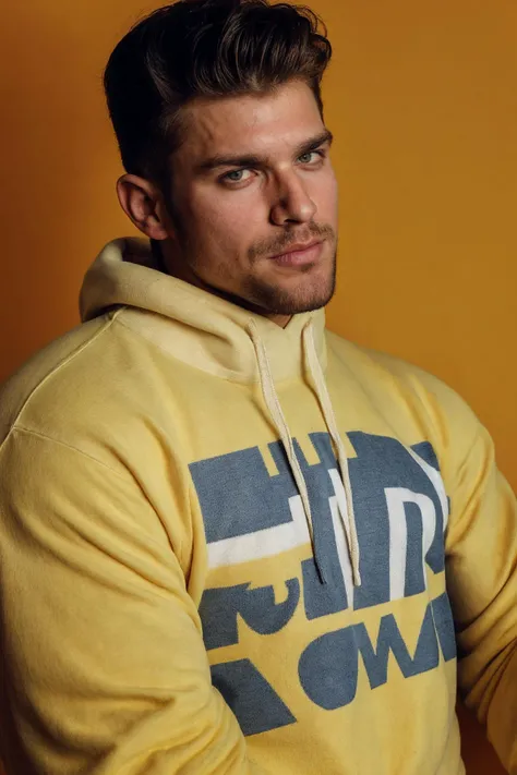 stubble, 80's heartthrob, 1boy, bara, muscular, hunky male, homoerotic, wearing a Retro-style sweatshirt, handsome man, sunkissed, professional lighting, artistic shot, cinematic, yellow background