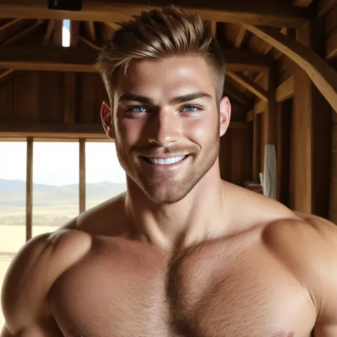 ((one male)) ((1boy)) ((front view)) (portrait:1.9) (head shot)
Very detailed flawless face, detailed open eyes, very handsome, epic, heroic, (muscular) bodybuilder, (big muscles), (big pecs) (big pectorals) (massive pecs), large nipples, ((very hairy chest)), (hairy abdomen), (hairy legs), (hairy arms), narrow waist. (homoerotic). Short styled hair. Realistic face, realistic eyes, (detailed facial features), (sexy smile).
((shirtless)) ((topless male)).
Standing in a barn doorway.
Highly detailed, high quality, masterpiece, volumetric light, vibrant colors, depth of field.
<lora:BulkedUpAIR1.5:0.2>