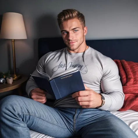 handsome european strong and manly dark blond bodybuilder with thick muscles with a handsome smirk and very detailed open eyes wearing Retro-style sweatshirt and red micro thong with big bulge at a cozy christmas night sitting on the bed reading a realistic detailed book, dimmed light, small fairy lights, dynamic romantic situation,