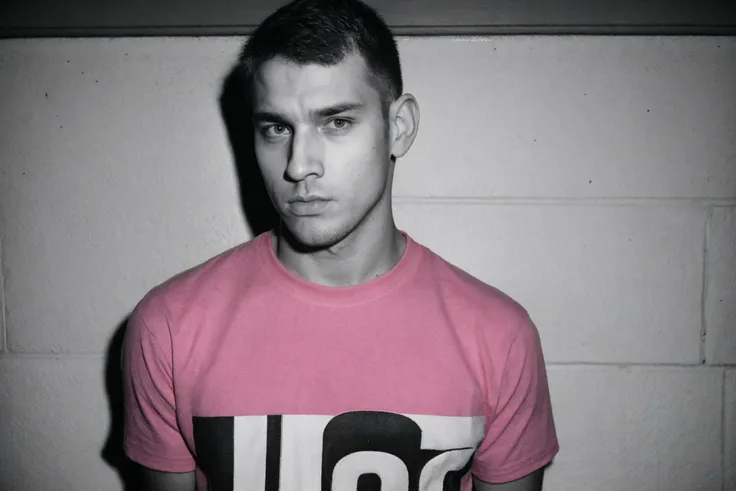 monochromatic, handsome juicy twunk, skater punk, very short undercut hair, pink t-shirt, (35mm black and white still), looking at viewer, skin imperfections, arrogant gaze, (GS-Boyish:0.2)