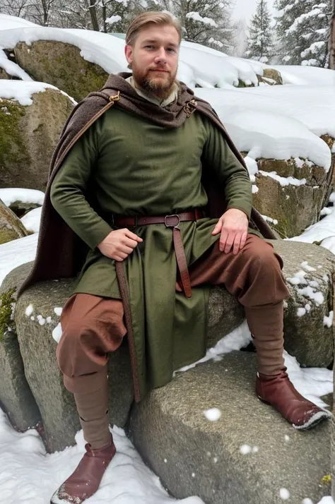 photo of a Swedish man in a forest, resting against a tree, sitting on the floor, muscular, beard, early twenties age, uppercut, (scarred face), highly detailed skin,
(norsemenclothes), brown pants, grey cloak, (yellow tunic), belt, cape,