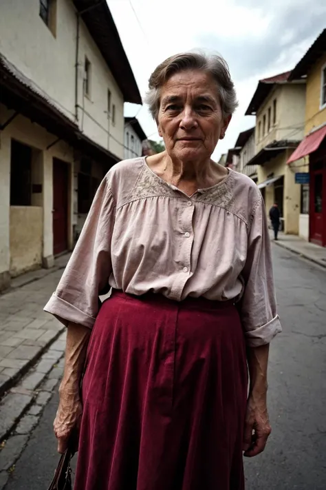 A beautiful elderly woman 67 years old, black years old and with a face with a strong facial expression and expression marks, nose and chin prominence,thin body weighing about 50 kilos, 167 tall, of prescription glasses, and large, saggy, bare breasts wearing a long, Brazilian skirt is being captured standing against the wall of a humble house on a deserted street, with poor lighting and precarious naked at night.