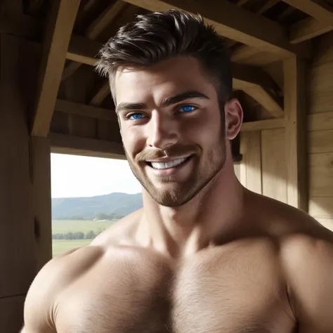 ((one male)) ((1boy)) ((front view)) (portrait:1.9) (head shot)
Very detailed flawless face, detailed open blue eyes, very handsome, epic, heroic, (muscular) bodybuilder, (big muscles), (big pecs) (big pectorals) (massive pecs), large nipples, ((very hairy chest)), (hairy abdomen), (hairy legs), (hairy arms), narrow waist. (homoerotic). Short styled ((black hair)). Realistic face, realistic eyes, (detailed facial features), (sexy smile).
((shirtless)) ((topless male)).
Standing in a barn doorway.
Highly detailed, high quality, masterpiece, volumetric light, vibrant colors, depth of field.
<lora:BulkedUpAIR1.5:0.2>