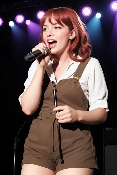 Beautiful woman, american girl, country star, brown outfit, on stage, spotlights, colorful lights, open mouth, microphone, happy, red hair, HDR, 8K