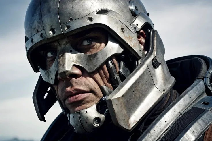 cinematic, portrait of a male cyborg, human features, robotic parts, photograph, manly features, futuristic, science fiction, HDR, action scene, movie still, HDR, metallic jaw, dirty metal, rust, aged, dirty