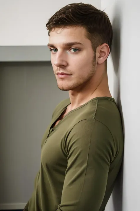 closeup face portrait photo of sc_brandon   <lora:sc_brandon_daddy-07:0.75>, posing in a minimalist studio with a clean textured concrete slate wall, wearing olive green henley shirt, soft diffused lighting, warm inviting tone, thoughtful and introspective expression, (slight smile:0.5), narrow depth of field, (light bokeh), highly detailed, 8k, best quality, (photorealistic:1.2), 4k, perfect quality