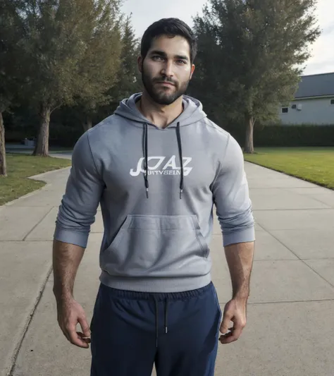Masterpiece, (full body:1.2), photo of tyler hoechlin, <lora:diffusiondudes_TylerHoechlin_V1-05:0.9> (beard:1.2) (muscular:1.3) \(hairy body:1.2), (lightweight hoodie:1.2), ( jogger pants:1.2) (athletic shoes:1.2) in a gym, sweaty,8k UHD, realistic, realism, realistic skin, realistic eyes, high details, HDR, DSLR, natural lighting, subsurface scattering