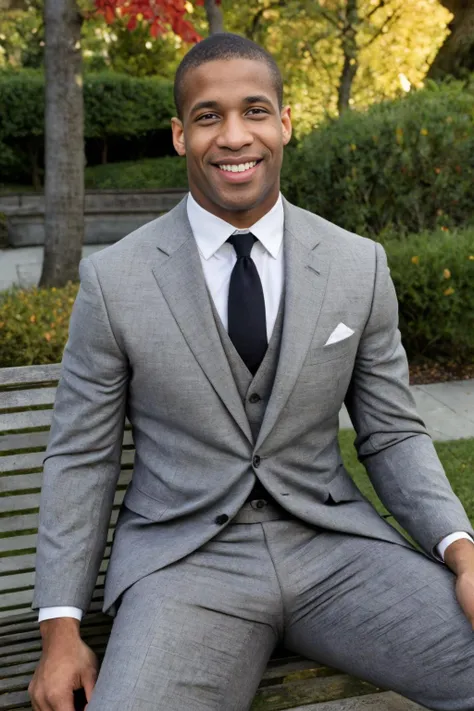 (solo), RAW Photo, photo of (light brown skin:1) African American man sc_chad3 <lora:sc_chad3-06:0.75> sitting on a park bench in a serene urban park in the fall lost in thought, wearing a three-piece suit burgundy tie leaves carpet the ground, autumn hues, vintage lamppost, soft glow, ambient lighting, early evening sun, trees, folden highlight, captivating smile, reflective and sophisticated mood, (GQ magazine), (photo by Bruce Weber)