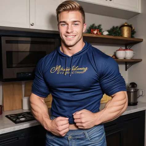 handsome european strong and manly dark blond bodybuilder with thick muscles with a handsome smile and very detailed open eyes wearing Retro-style sweatshirt and blue jeans at a christmas night cooking in the kitchen, (big pants bulge), dynamic romantic situation,
<lora:add_detail:1>