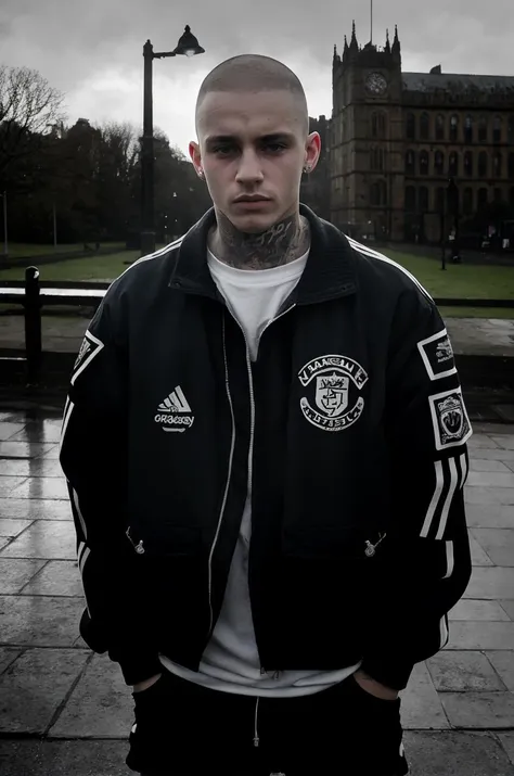 masterpiece, best quality, 1boy, 30 year old, chav, rough, dirty, Mancunian, mean, bully, druggie, skinhead, (park background), realistic, dramatic lighting, atmospheric, intricate detail