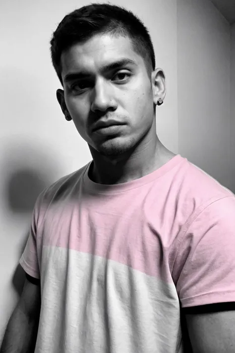 monochromatic, handsome juicy twunk, skater punk, very short undercut hair, pink t-shirt, (35mm black and white still), looking at viewer, skin imperfections, arrogant gaze, (GS-Boyish:0.2)
