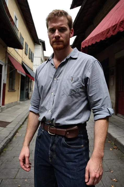 analog film, upper body photo of a handsome red haired man on the streets of old Batavia, faded film, desaturated, 35mm photo, vintage, stained, highly detailed, found footage, Holga 120n, film grain, vignette,
,(intricate details), (hyperdetailed), 8k hdr, high detailed, lot of details, high quality, soft cinematic light, dramatic atmosphere, atmospheric perspective