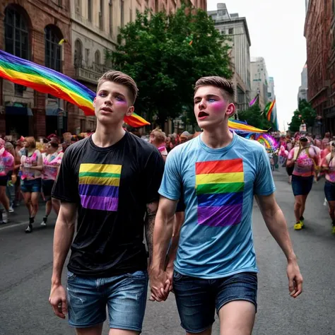 masterpiece, best quality, 2boys, athletic twunks, rainbow t-shirt, (glitter makeup), confident, very short hair, gay flags, (pride parade), street background, crowd, realistic, dramatic lighting, atmospheric, intricate detail,
