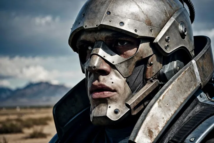 Close-up of a handsome male buffalo soldier, half human, half beast, their faces partially obscured by military mask. Their eyes are filled with hapiness and longing. The background is a trail of blood and violence. He wears a mechanized robot armor, carved with animal elements, human skulls. The sky is filled with swirling, fiery clouds. The photo conveys a strong sense of the warrior's appearance, ((screaming))