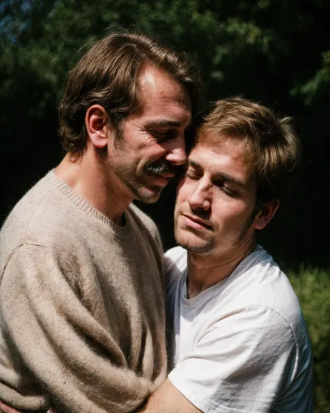 masterpiece, film grain, analog, hasselblad photography, 35mm, (blurred background), photogenic, upper body portrait, male only, 2 guy hugging kissing and staring at each other, outdoor, <lora:flat2:-0.8>, <lora:SLS:0.25> BREAK
saddest pathetic 54yo italian daddy (with moustache1.2), smiling, middle-aged, (hairy), sweater BREAK
(tall:1.2) british man, unshaven, 28yo, short hair, t-shirt