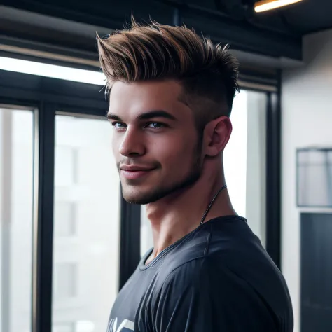 (best quality), (high quality), (detailed), (masterpiece), (absurdres), a portrait of a young man, upper body, focus on face, looking at camera, smiling, realistic, colorful, short hair, spiky hair, wearing shirt, lifting shirt to show abs, indoor room, professional lighting, confident, sexy, photography, hdr, depth of field, film grain, 35mm, dslr shot, canon, octane render, 8k, high definition, GS-DeFeminize, <lora:add_detail:0.8>