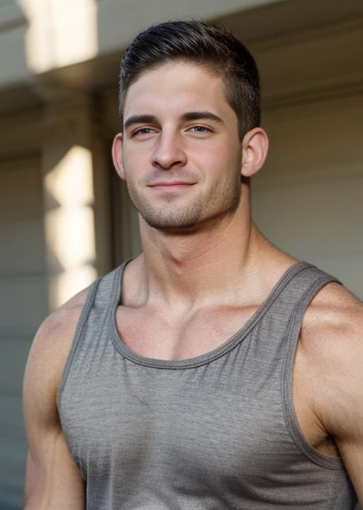 highly detailed, best quality, high resolution, masterpiece, best quality, 1boy, looking at viewer,   <lora:SC_Joey-v1:1>, muscular male, (sc_joey:1.4), black hair, grey shirt, tanktop, smile, stubble,