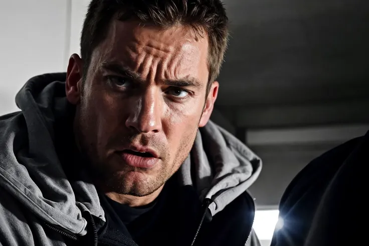 cinematic, close up portrait of a man, action movie shot, scared expression, HDR