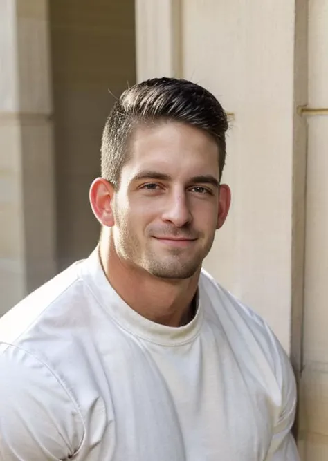 highly detailed, best quality, high resolution, masterpiece, best quality, 1boy, looking at viewer, <lora:SC_Joey-v1:1>, muscular male, (sc_joey:1.4), black hair, white shirt, smile, stubble,