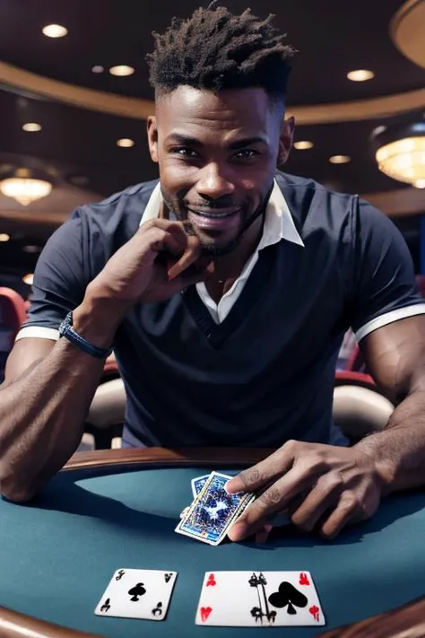 8k uhd, african-american male Syrone holding playing card in casino, solo, holding, card, table, holding card, sitting, indoors, playing card, pov across table, closed, promotional image <lora:PlayingCards:.7> <lora:lowra_v10:.4>