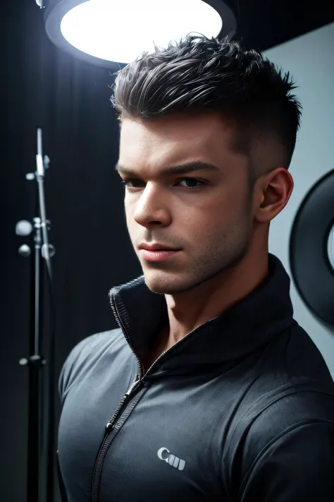 (best quality), (high quality), (detailed), (masterpiece), (absurdres), 1man, a portrait of a young male hero, looking at the camera, realistic, handsome face, masculine, dimples, short mohawk hair, indoor studio, professional studio lighting, ring light, red lights from distant camera, determined expression, smirking, (angry:0.6), photography, canon DSLR, lens 50mm, hdr, 8k, <lora:add_detail:0.75>