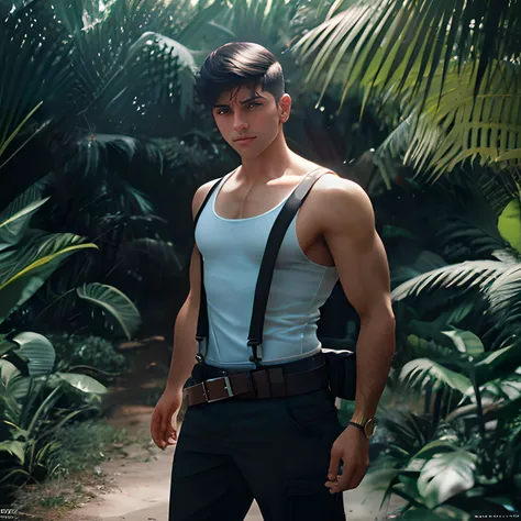 ((best quality)), ((masterpiece)), ((realistic)), ((detailed)), absurdres, 1man, christiancastiblanco person, <lora:christiancastiblanco_6220:1>, looking at camera, confident, camouflage tank top, military pants, suspenders, belt, hand gun on right hand, alien planet, jungle background, giant spiders, aware, afraid, anxiety, worried, good lighting, ultra realistic, unity 8k wallpaper, golden ratio, Intricate, High Detail, film photography, soft focus,