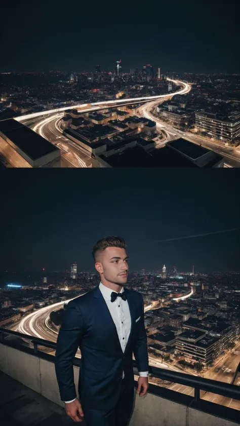 (Film style) (low angle medium close-up) (photomontage) (Kodak vision3 500T) (Sony A9 II 100-400mm f/4.5-5.6, 1/125 sec), (a muscular boy is using magic), (in a sleek modern suit, his eyes sparkling with arcane power), (atop a city skyscraper, night skyline in the backdrop), (low-key lighting from city lights), (smoky), (mysterious),, Best quality, masterpiece, ultra high res, (photorealistic:1.4), 8k, intricate, elegant, highly detailed, majestic, digital photography,