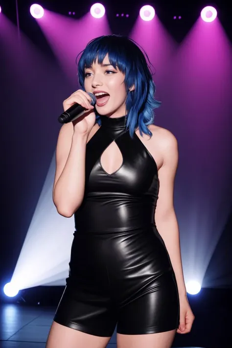 Beautiful woman, american girl, rock star, black outfit, on stage, spotlights, colorful lights, open mouth, microphone, happy, blue hair, HDR, 8K