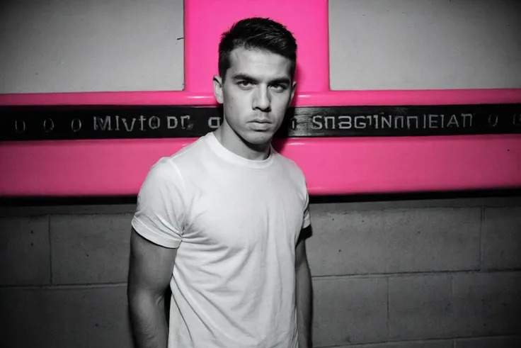 monochromatic, handsome juicy twunk, skater punk, very short undercut hair, pink t-shirt, (35mm black and white still), looking at viewer, skin imperfections, arrogant gaze, (GS-Boyish:0.2)