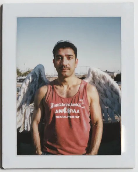 masterpiece, aesthetic, realistic, (upper body) portrait, border, shot from front, (film grain, analog, hasselblad photography, 35mm, blurred background), 53yo handsome Italian daddy (with big fluffy angel wings:1.2), (short hair), dirty tank top, outdoor, sunny, backlighting, strong sunlight, <lora:flat2:-0.8>, <lora:SLS:0.4>, <lora:InstantPhotoX2:0.7>, <lora:FilmVelvia2:0.7>