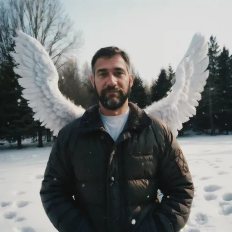 low quality, aesthetic, realistic, (upper body portrait, ghosting, shot from front:1.2), (film grain, analog, hasselblad photography, 35mm, blurred background), 54yo daddy (with big angel wings:1.2), (with unshaven beard), (short hair), winter outfits, outdoor, (snow), <lora:flat2:-0.8>, <lora:InsPX2:0.5>, <lora:PAseer的天使V1:0.6>
