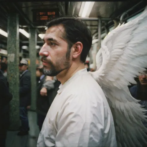 low quality, aesthetic, realistic, (upper body portrait, ghosting, shot from side:1.2), (film grain, analog, hasselblad photography, 35mm, blurred background), 54yo Italian daddy (with big white angel wings:1.2), (with unshaven beard), underground, crowded, subway, on the train, <lora:flat2:-0.8>, <lora:PAseer的天使V1:0.6>, <lora:FilmVelvia2:0.8>, <lora:InstantPhotoX3:0.6>