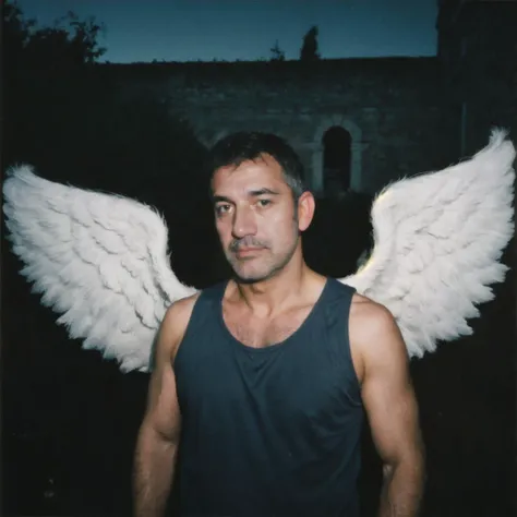 masterpiece, aesthetic, realistic, (upper body portrait, ghosting, shot from front:1.2), (film grain, analog, hasselblad photography, 35mm, blurred background), 54yo Italian daddy (with big fluffy angel wings:1.2), (with unshaven), (short hair), dirty tank top, outdoor, (midnight), <lora:flat2:-0.8>, <lora:InstantPhotoX2:0.5>, <lora:FilmVelvia2:0.5>
