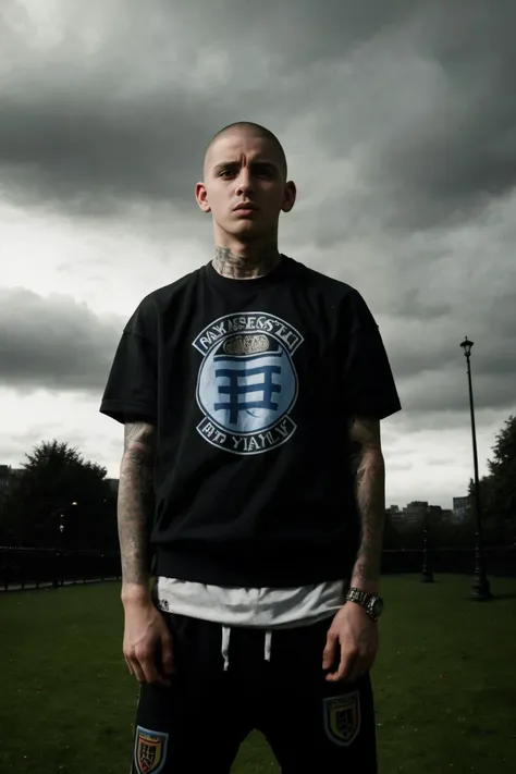 masterpiece, best quality, 1boy, 30 year old, chav, rough, dirty, Mancunian, mean, bully, druggie, skinhead, (park background), realistic, dramatic lighting, atmospheric, intricate detail