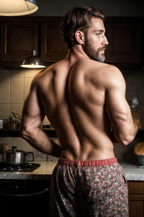 closeup, wrinkled_face, best quality, masterpiece, high res, (photorealistic:1.4), RAW photo, <lora:add_detail:1>, (rear shot), (shot from the back), (looking_at_viewer), a 25-year-old DILF man baking a cake in a cosy kitchen, thanksgiving atmosphere, sunset, shirtless, pyjama trousers, dramatic intricate utopian-like background, detailed face, short scruffy brown hair, hard nipples, coral eyes, [beard], hairy body, cinematic lighting, hdr, seductive pose, orgasmic facial expression