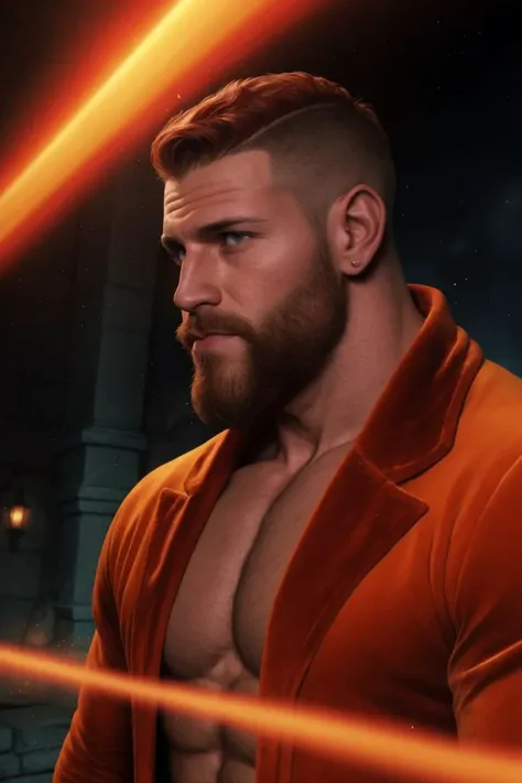 masterpiece, absurdres, photo of a, red, shaved sides, short haired, brown eyes, manly beard, muscular, topless, man (large nose, large lips, large chin), wearing yellow velvet clothes, lost in a dungeon, red sparkles, magic, orange smoke, red light, green light particles, stars, eerie atmosphere, concerned expression, 8K, HDR
