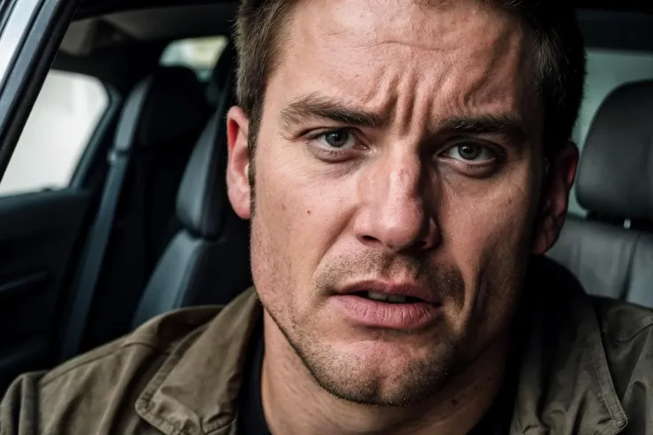 cinematic, close up portrait of a man, action movie shot, scared expression, HDR
