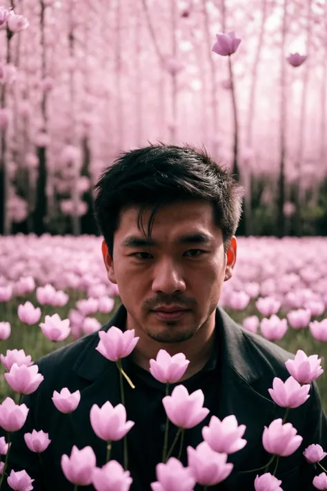 incredible portrait, asian man, field of paper flowers, evanescence, gorgeous lighting