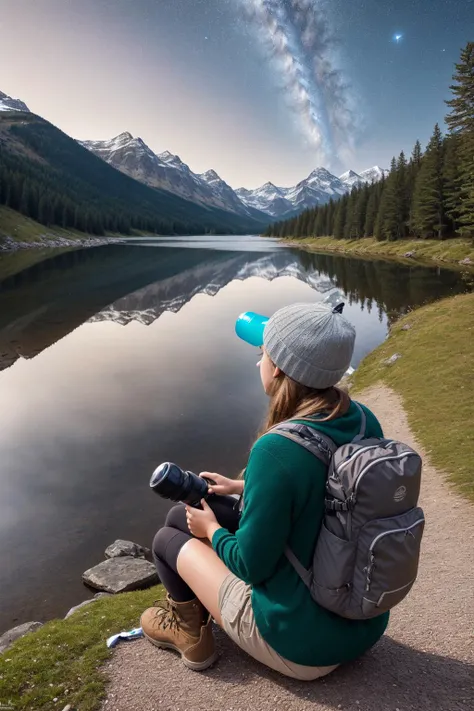 (masterpiece, best quality:1.2), (absurdres, highres, ultra-detailed), (perfect anatomy), 1girl, solo, outdoors, camping, night, mountains, nature, stars, moon, tent, twin ponytails, green eyes, cheerful, happy, backpack, sleeping bag, camping stove, water bottle, mountain boots, gloves, sweater, hat, flashlight, forest, rocks, river, wood, smoke, shadows, contrast, clear sky, constellations, Milky Way, looking at viewer
