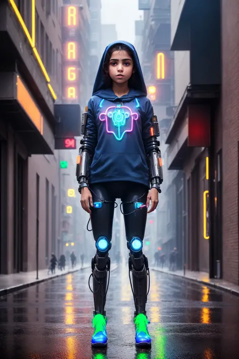 (masterpiece, best quality:1.2), (absurdres, highres, ultra-detailed), (perfect anatomy), 1girl, (afghan girl:1.4) standing outside a rainy city street, a chrome boston dynamics robot, cables, (lights neon:1.31)