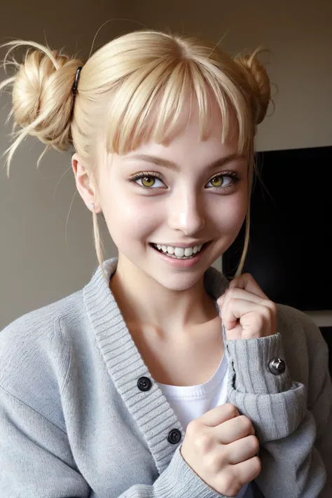 (masterpiece, best quality:1.2), (absurdres, highres, ultra-detailed), (perfect anatomy), TogaHimiko, 1girl, solo, bags under eyes, blush, open mouth, looking at viewer, fangs, holding, (cardigan:1.2), evil smile, evil grin, (crazy smile:1.2), classroom, long sleeves, teeth, upper body, blue sailor collar, <lora:himikoToga_v10:1>