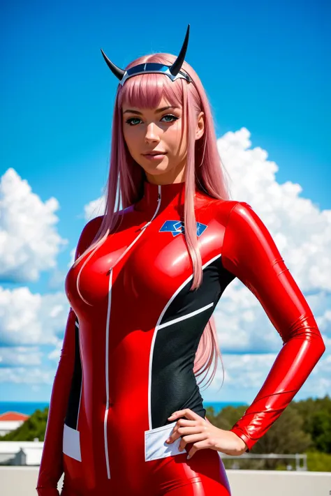 (masterpiece, best quality:1.2), (absurdres, highres, ultra-detailed), (perfect anatomy), zero two, darling in the franxx, 1girl, solo, slender, detailed background, clouds, bangs, covered navel, eyeshadow, green eyes, hair behind head, hand on hip, horns, smirk, long hair, looking at viewer, makeup, small breasts, pilot suit, red suit, pink hair, red eyeshadow, science fiction, skin tight <lora:zeroTwoDARLINGInThe_offset:1>