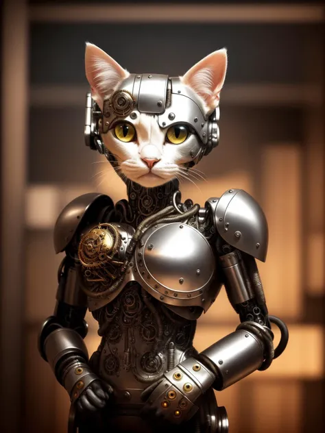 a cute kitten made out of metal, (cyborg:1.4), ([tail | detailed wire]:1.3), (intricate details), hdr, (intricate details, hyperdetailed:1.2), cinematic shot, vignette, centered, (steampunk:1.2), (armor:1.3)