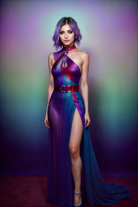 (photorealistic:1.5), (8k, RAW photo), (highest quality), ultra high res, ultra-detailed, (color photo) BREAK a woman posing for a photo, choker, hip belt, headband, smile, [high heels] BREAK (disheveled Purple hair) BREAK (red carpet photography), (red step and repeat banner background:1.25), step and repeat banner, gala evening BREAK  (realistic skin texture), detailed skin, absurdres, high quality, sharp focus, (fujifilm xt3), <lora:skinny_new_skin:0.1> <lora:epi_noiseoffset_v2_st:0.5>  <lora:LowRA:0.1> <lyco:CoquineCouture:1.2>