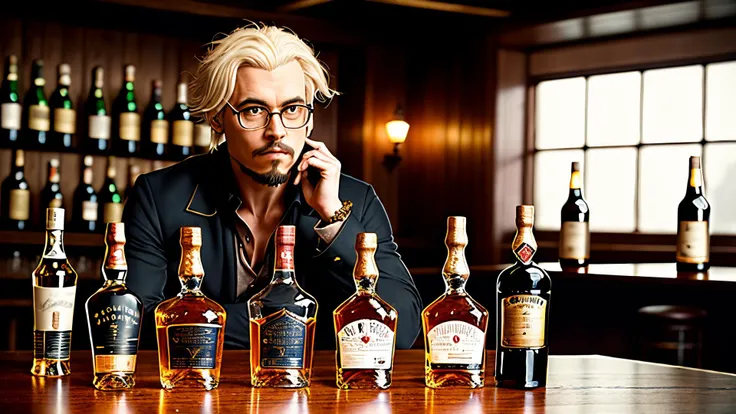 an awarded profesional photography of (1man:1.3) faery with amber eyes and Round Brows and male Straight Ivy League hair hairstyle and Jack Sparrow beardin Platinum blonde color, he is guard nosebleed, leaning back with hands behind back and looking up in Whiskey Tasting Room: A sophisticated whiskey tasting room invites patrons to explore a curated selection of premium whiskeys from around the world. The room is adorned with oak barrels, whiskey decanters, and plush leather seating, creating an ambiance reminiscent of a classic speakeasy. by by Paolo Roversi Overcast Lighting,(epic scene:1.3),ultradetialed character with perfect face,detailed skin,(ultrasharp:1.3),(masterpiece:1.1),best quality,(photorealistic:1.2),ultrarealistic,realistic ultradetailed character,4k perfect quality, landscape with detailed character shot, focus on character, <lyco:GoodHands-beta2:1> Magnificent,Imperceptible detail,Intricately designed, (perfect quality face:1.5) hyper-detailed complex, very intricate details, insanely detailed, detailed clothes, detailed skin, detailed body, nice character figure