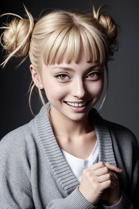 (masterpiece, best quality:1.2), (absurdres, highres, ultra-detailed), (perfect anatomy), TogaHimiko, 1girl, solo, bags under eyes, blush, open mouth, looking at viewer, fangs, holding, (cardigan:1.2), evil smile, evil grin, (crazy smile:1.2), classroom, long sleeves, teeth, upper body, blue sailor collar, <lora:himiko-toga-locon:1>